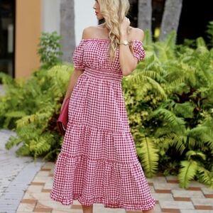 Red Gingham Off-Shoulder Dress